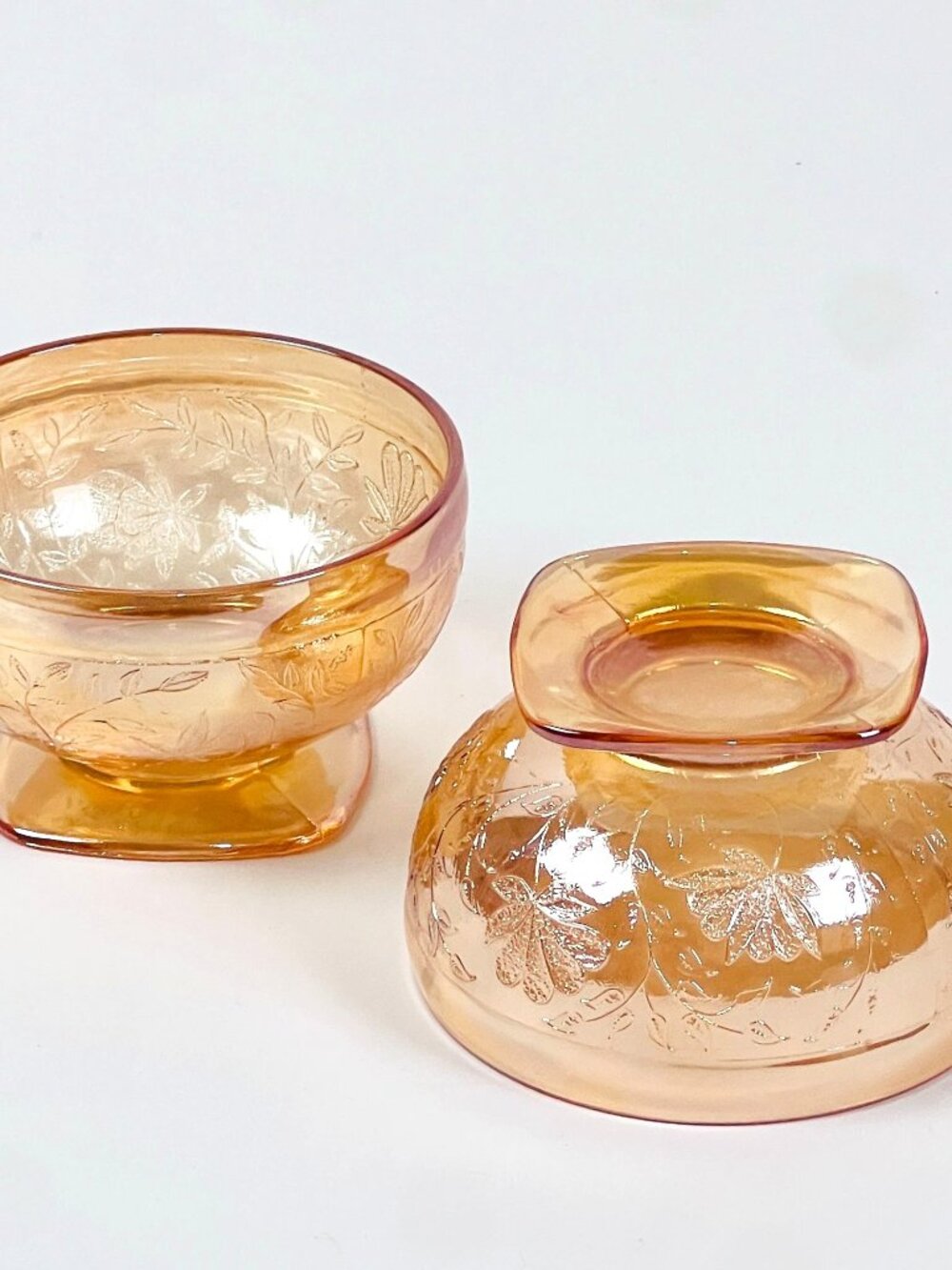 Vintage Orange Carnival Glass Sherbet Dish Pair Floral Pedestal Lusterware